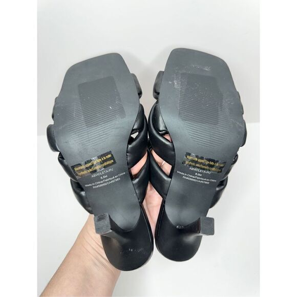 Abound Mule Sandals Size 6.5 Black Square Toe Woven Stiletto Open Toe Heels - Picture 8 of 8
